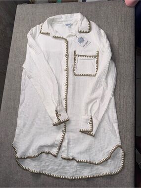 Blue Island Beach White Gauze Crochet Trim Button Tunic Shirt XS NWT